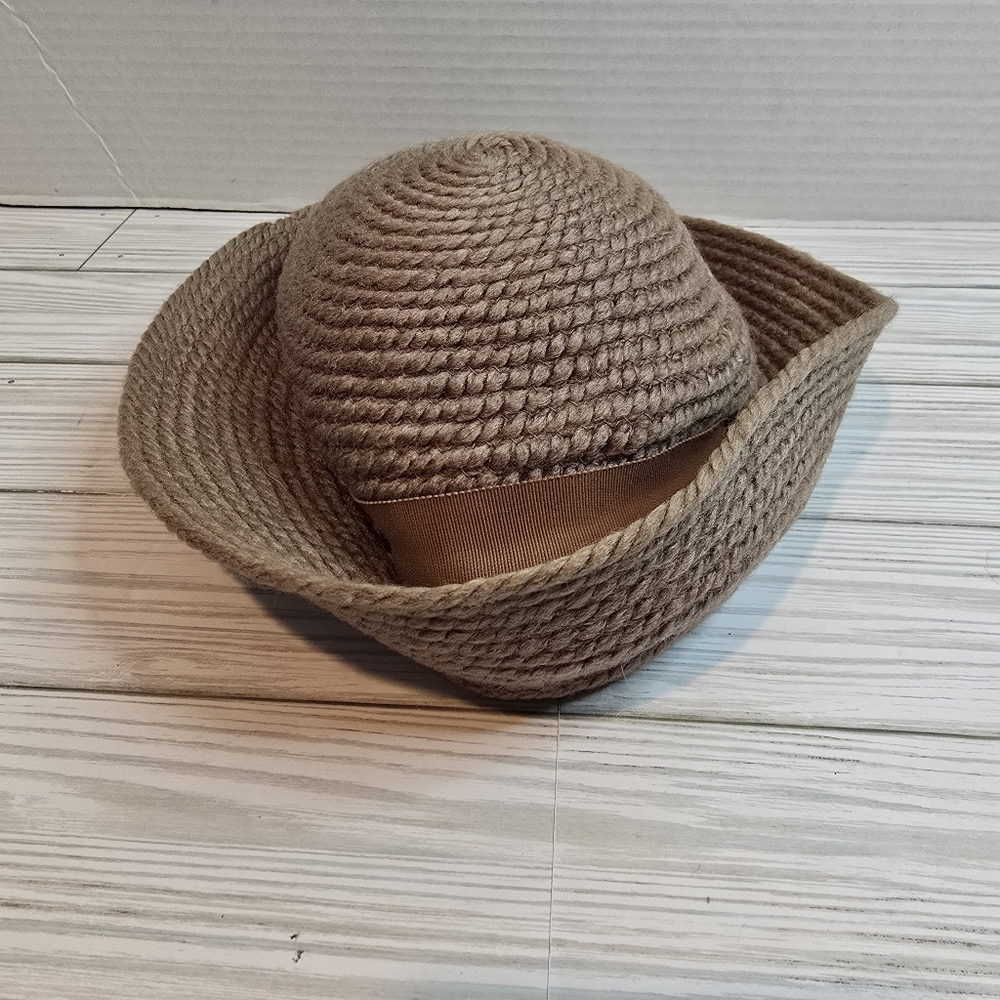 Vintage Needlepoint Everett Straw Brown Hat With Ribbon And Amber Jewled